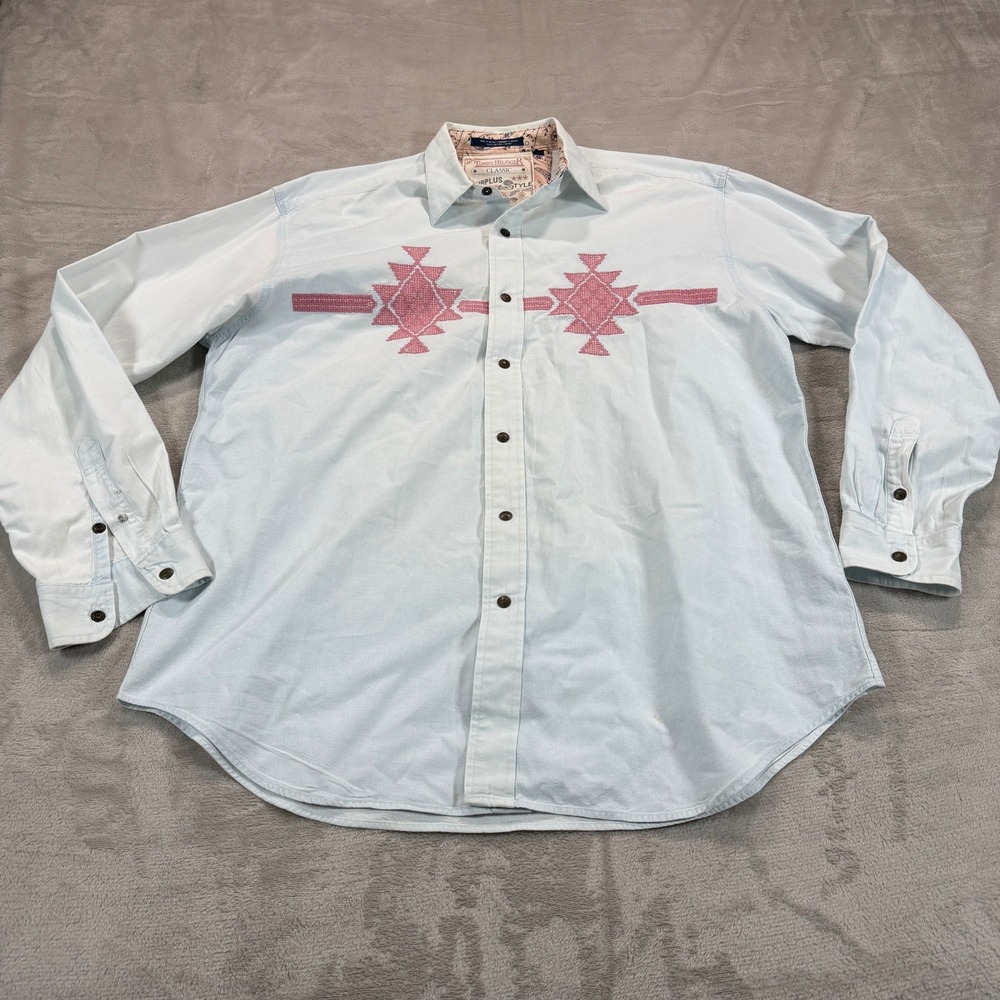 Tommy Hilfiger Men Medium Surplus Style Aztec Print Denim Embroidered Snap Shirt